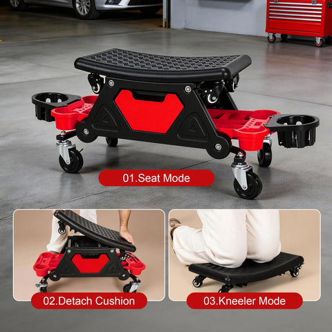 2 In 1 Rolling Mechanic Stool And Creeper Seat With Modular Removable Cushion Tool Tray Heavy Duty 300 Lbs Capacity