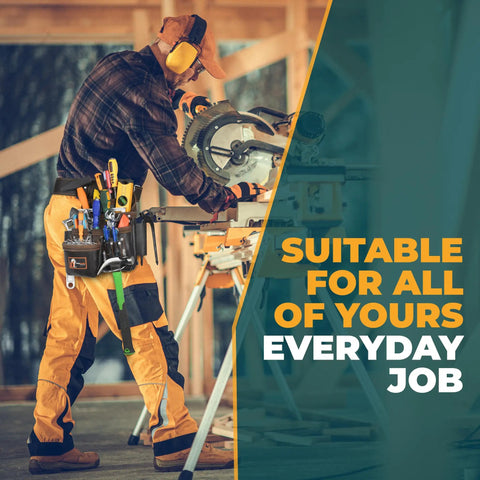 Carpenter using power tool wearing Premium Leather Tool Bag Pro 505 With Oil Tanned Grain Leather 13 Pockets And Speed Square Pocket