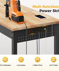 Beefy 96 Inch Adjustable Heavy Duty Workbench With 2000 Lb Load Capacity Rubber Wood Surface showing built-in power outlets