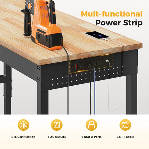 Beefy 96 Inch Adjustable Heavy Duty Workbench With 2000 Lb Load Capacity Rubber Wood Surface showing built-in power outlets