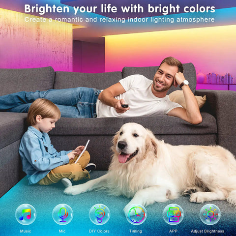 Family enjoying TV time with LED TV Backlight Strip 32.8Ft USB Powered With Remote for 40 To 75 Inch TVs in cozy living room ambiance