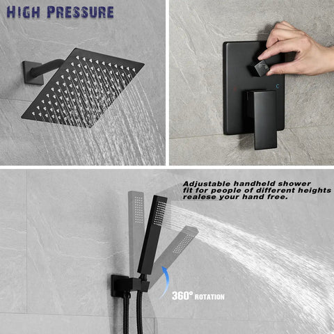 Heavy Duty Matte Black Shower Faucet Set With Swanky Rain Shower System And High Pressure Handheld Square Shower Head Wall Mounted Bathroom Combo Kit Built Straight Up Solid To Guarantee Zero Sweat And Smooth Shower Sessions For Years
