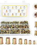 Complete Rivet Nut Tool Kit Features 320 Piece Metric and SAE Threaded Insert Set With Flat Head Knurled Barrels, assorted nuts in case.
