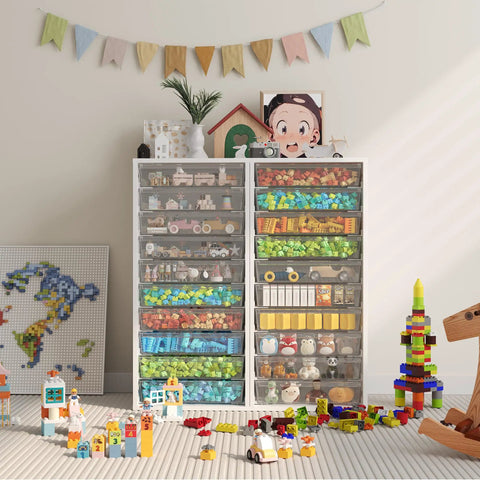 Rolling Storage Cart With 10 Large Clear Drawers, holding toys in a playroom, with colorful blocks and decor around.