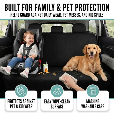 Child and dog on Full Set Cloth Car Seat Covers With Universal Fit For Front Seats And Split Rear Bench, Airbag Compatible