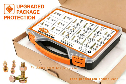 Built Tough Grade 8 SAE Bolt Kit With Storage Box, 859 Piece Hex Bolt Set in yellow zinc alloy steel, includes nuts and washers