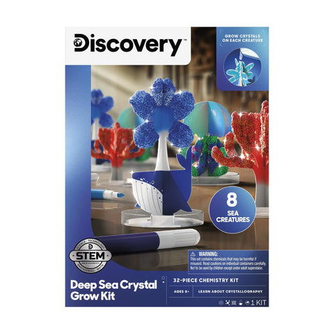 Deep Sea Crystal Grow Kit for Kids - 32-Piece STEM Chemistry Lab box with colorful sea creature crystals depicted