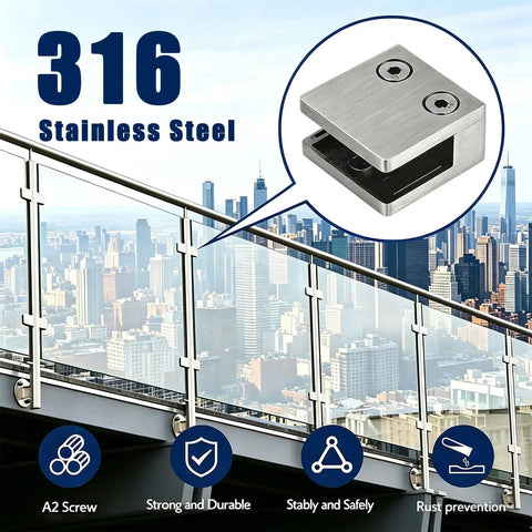 Heavy Duty 316 Glass Clamps 8 Pack For 8-12mm Glass, 1.8 Inch Square Brackets, stylish city backdrop.