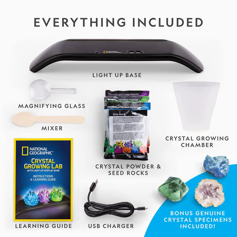 Awesome Crystal Growing Kit For Kids With Light Up Display Stand Grow Three Vibrant Crystals In Blue Purple And Green STEM Science Toy contents