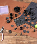 Leather Circle Cutter Tool Set With 31 Piece Circle Punches from 1mm to 55mm displayed with cutting board and leather material