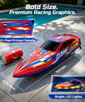 High Speed RC Boat For Kids And Adults, 25 Plus KPH Racing Power, LED Lights, Capsize Recovery, 13 Inch Hull on a poolside