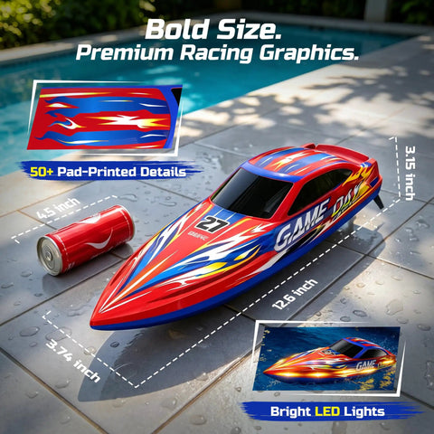 High Speed RC Boat For Kids And Adults, 25 Plus KPH Racing Power, LED Lights, Capsize Recovery, 13 Inch Hull on a poolside