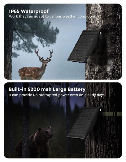 Solar Panel Kit For Trail Cams With 6000mAh Battery And 12V Output IP66 Waterproof Compatible With Tactacam Reveal And Defend Cams Delivers Long Lasting Power In Remote Spots mounted on tree in forest