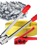Heavy Duty Manual Pallet Strapping Kit With Poly Strap Sealer And Hand Tensioner Tool, includes tensioner, sealer, clips, and strap.