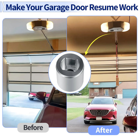 Drive Screw Coupler For Garage Door Opener, Heavy Duty Aluminum Replacement, Before and After Installation View