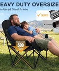 Man and child sitting on oversized camping chair for adults with cup holder and side pocket, heavy duty padded portable folding XL camp chair