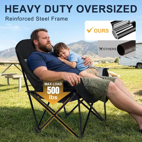 Man and child sitting on oversized camping chair for adults with cup holder and side pocket, heavy duty padded portable folding XL camp chair