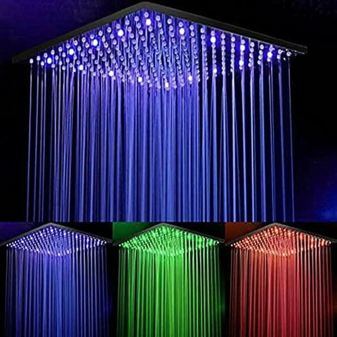 Wall Mounted Led Rain Shower Head System With Thermostatic Mixer Valve And Six Massage Body Sprays Plus Handheld Combo with colorful LED lights.