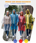 Four adults wearing Disposable Rain Ponchos For Adults 5 Pack Stay Dry On The Go No Sweat With Full 48 Inch By 40 Inch Coverage And Secure Hood