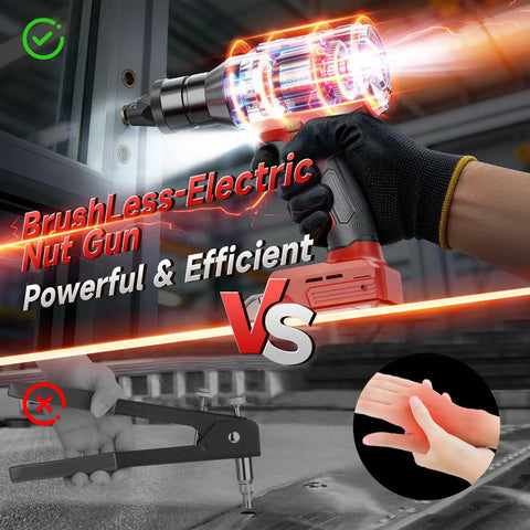 High Voltage Brushless Rivet Nut Tool With Kick Butt 2030 Lbs Tug For Badass Metal Work shown in use, powerful and ergonomic design.