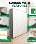 Mattress Bags For Moving And Storage Heavy Duty 4 Mil Reusable Waterproof Mattress Cover Protector Clear 100 By 64 By 15 Inches For Queen Beds Stays Dry Dust Free Easy Seal With Tape Strips, highlighting features of waterproof, heavy-duty, transparency, and anti-puncture.