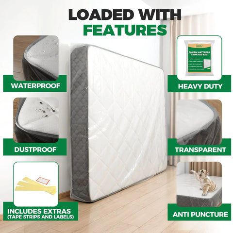 Mattress Bags For Moving And Storage Heavy Duty 4 Mil Reusable Waterproof Mattress Cover Protector Clear 100 By 64 By 15 Inches For Queen Beds Stays Dry Dust Free Easy Seal With Tape Strips, highlighting features of waterproof, heavy-duty, transparency, and anti-puncture.