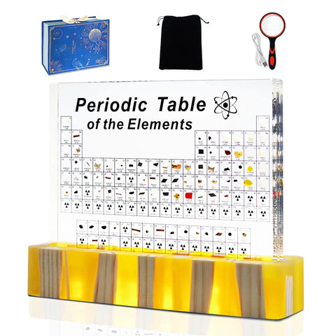 Amber Lighted Acrylic Periodic Table Poster With Real Elements Inside, 83 Elements Shown In 3D Colorful Shapes, Standable Teaching Tool And Craft Decor For Kids, Students, Teachers, And Science Lovers on amber base with accessories.