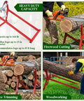 Heavy Duty Steel Log Cutting Stand Folds Flat Saves Garage Space Rip Through Thick Firewood Stacks With Zero Sweat, red frame cutting logs.