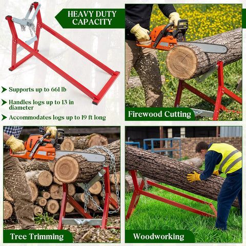 Heavy Duty Steel Log Cutting Stand Folds Flat Saves Garage Space Rip Through Thick Firewood Stacks With Zero Sweat, red frame cutting logs.