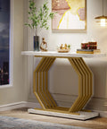 Gold Console Table With Faux Marble Top And Geometric Metal Base A 40 Inch Modern Entryway Table for Living Room, displayed in a foyer.