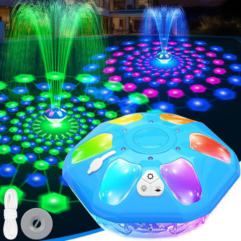 9000mAh Rechargeable Floating Pool Fountain With Light Show No Solar Needed Anchor Included Large LED Water Pump in action