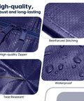 Close-up of blue Six Pack Heavy Duty Moving Bags 210GSM with high-quality zipper, reinforced stitching, waterproof surface.
