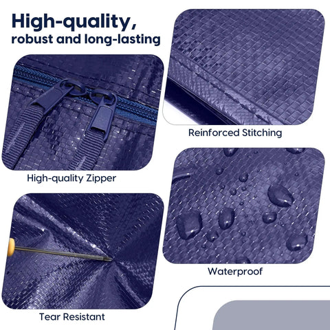 Close-up of blue Six Pack Heavy Duty Moving Bags 210GSM with high-quality zipper, reinforced stitching, waterproof surface.