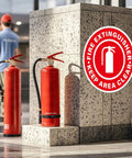 Display of Five Pack Fire Extinguisher Keep Area Clear Sign 17 By 17 Inches Big Caution Safety Warning Sticker on wall near extinguishers