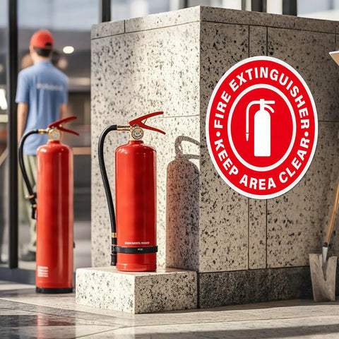 Display of Five Pack Fire Extinguisher Keep Area Clear Sign 17 By 17 Inches Big Caution Safety Warning Sticker on wall near extinguishers