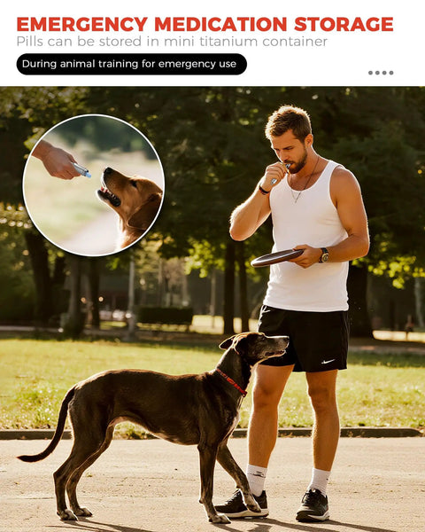Man training dogs outdoors highlighting Three In One Fire Starter Survival Tool With Titanium Emergency Whistle Kerosene Lighter And Mini Pill Holder