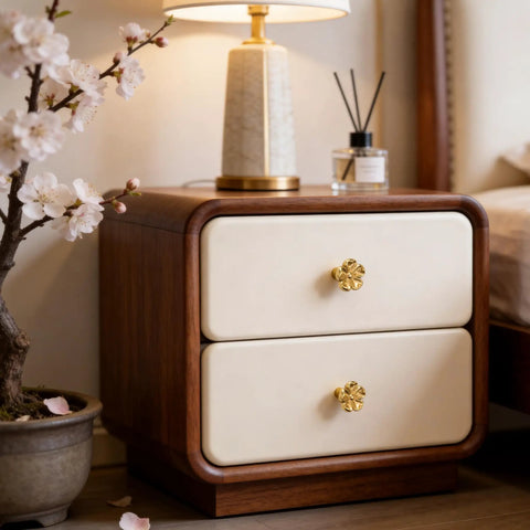 Premium Solid Brass Gold Cabinet Knobs With Cherry Blossom Flower Design on dresser drawer in cozy bedroom setting