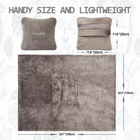2 In Go Everywhere Travel Blanket Pillow Micro Plush Flannel Cozy Compact For Airplane And Car Office And Home Use Ultra Soft Sleep Pillow For Travel Essentials Gray, showing folded and unfolded dimensions.