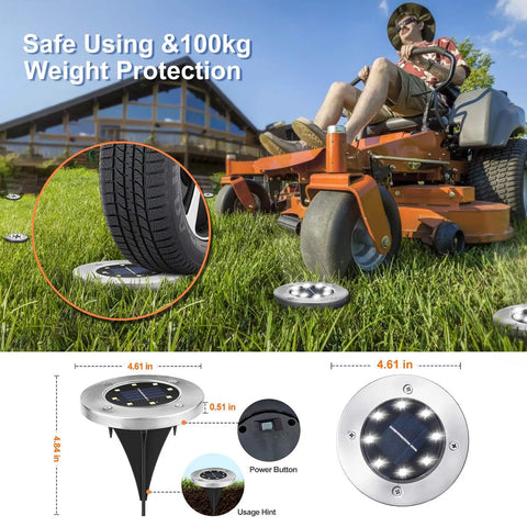 8 LED Solar Disk Lights In Ground Outdoor Landscape Lighting for Pathway Yard with lawnmower weight protection feature