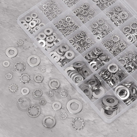 Swpeet stainless steel lock washer set in organizer; 400 pcs SAE #6–#10; external and internal tooth washers.