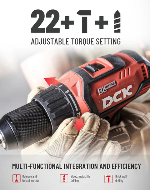 Close-up of Beast Mode 20V Brushless Hammer Drill Kit with 531 In-Lbs Torque and 36000 BPM, highlighting adjustable settings.