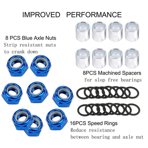 Blue Skateboard Truck Nuts And Axle Washers And Precision Spacers Pro Grade Hardware Kit For Longboards And Skateboards 8 Nuts 16 Washers 8 Spacers Durable Stainless Steel Hardware For Quick Upgrades