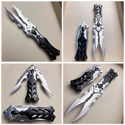 Dual Blade Pocket Knife For Everyday Carry And Camping, 8.5 Inch Folding Knife With Dual Side Open Blades, shown open and closed