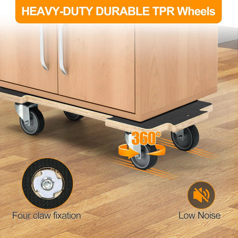 Heavy Duty Moving Dolly With 551 Lb Capacity Per Unit showing three inch silent TPR wheels and 11 layer plywood base under furniture