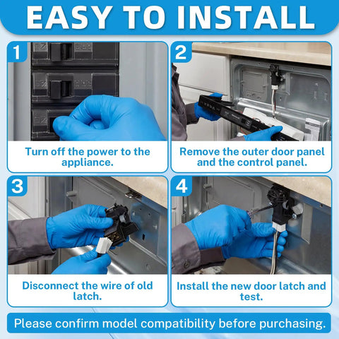 Step-by-step instructions for installing the Premium Dishwasher Door Latch Assembly Replacement for Kenmore Frigidaire Electrolux.