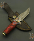 Damascus Steel Hunting Knife With Rosewood Handle 8 Inch Full Tang Blade Traditional Style Leather Sheath For Camping Skinning