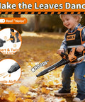 Smiling child using toy leaf blower, part of Kid Friendly Gardening Tools Set With Vest 2 In 1 Lawn Mower And Leaf Blower Lights And Sounds Toy With Goggles And Mask Outdoor Pretend Play Gear Great Birthday Gift For Boys 3 Plus.