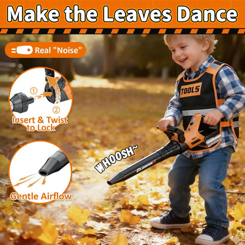 Smiling child using toy leaf blower, part of Kid Friendly Gardening Tools Set With Vest 2 In 1 Lawn Mower And Leaf Blower Lights And Sounds Toy With Goggles And Mask Outdoor Pretend Play Gear Great Birthday Gift For Boys 3 Plus.