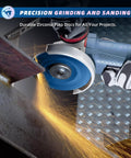 Flap disc for angle grinder, blue zirconia, 4 1/2 x 7/8 inches, grinding metal with sparks.