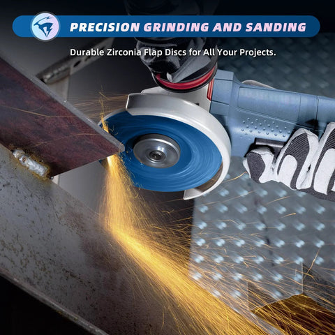Flap disc for angle grinder, blue zirconia, 4 1/2 x 7/8 inches, grinding metal with sparks.